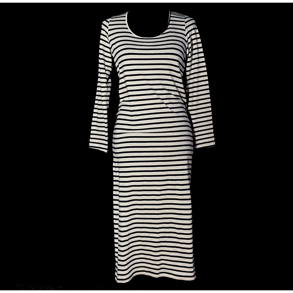 Monrow Mommy Dress SMALL‎ Ivory Navy Blue Stripe Maternity Stretch Midi Long Sl